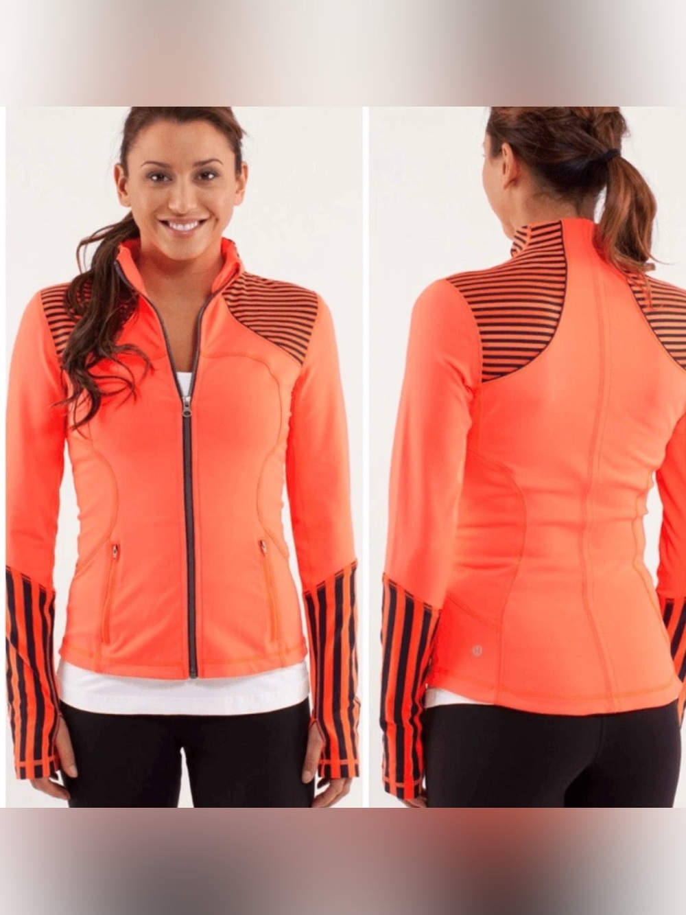 lululemon athletica Define Zip Neon Coral Zip-Up Jacket with Navy Stripes